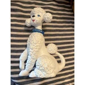 Vintage Mid Century White Ceramic Poodle Figurine Blue Collar 11.5 Inch MCM Dog